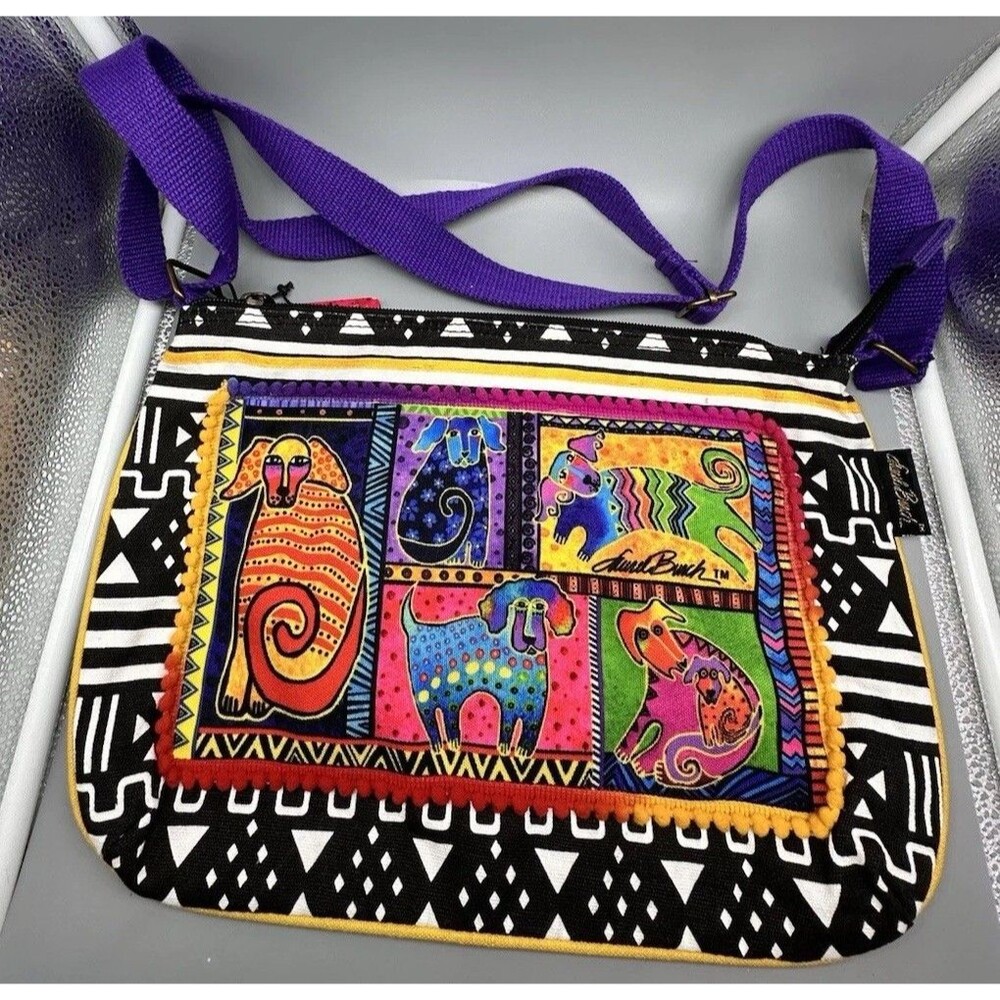 Laurel Burch Patchwork Dog Tails Tales Crossbody Medium Colorful Zip Tote Bag